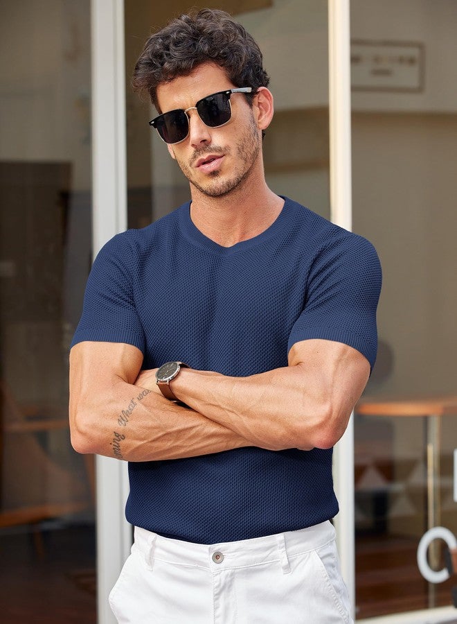 COOFANDY Mens Short Sleeve Under Blazer Shirts Casual Vacation Knit Tee Shirt Crew Neck Tshirts Navy Blue - Image 3